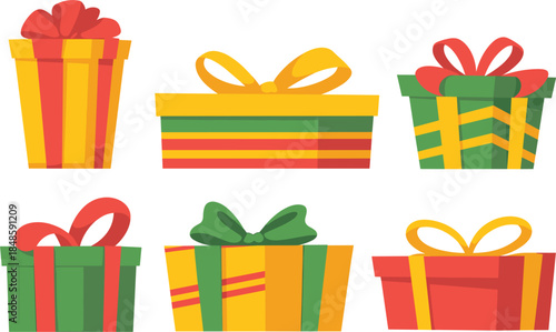 Set of colorful Christmas gift boxes with festive ribbons, holiday presents vector illustration for celebration design