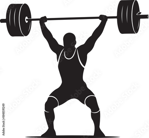 Weightlifter in Action Lifting Heavy Barbell Overhead Silhouette