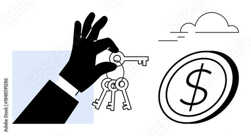 Financial security, business investments, economic growth, key solutions, wealth management, opportunities. Hand holding keys with a coin and cloud. Financial security and business investments