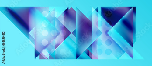 Abstract geometric composition. Blue, purple hues blend, creating dynamic triangular forms. Circles add texture, visual interest.