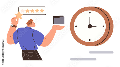 Man holding a star and folder, standing by a clock, symbolizing productivity and excellence. Ideal for time management, efficiency, quality assurance, work-life balance, goal setting, task