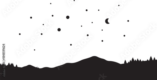 Night Sky Silhouette with Mountains and Stars Shining