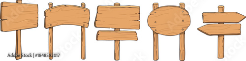 Hand-drawn vector set of rustic wooden signboards and directional arrows. Blank wood planks on poles isolated on white. Perfect for navigation, camping, farm, and outdoor park designs.