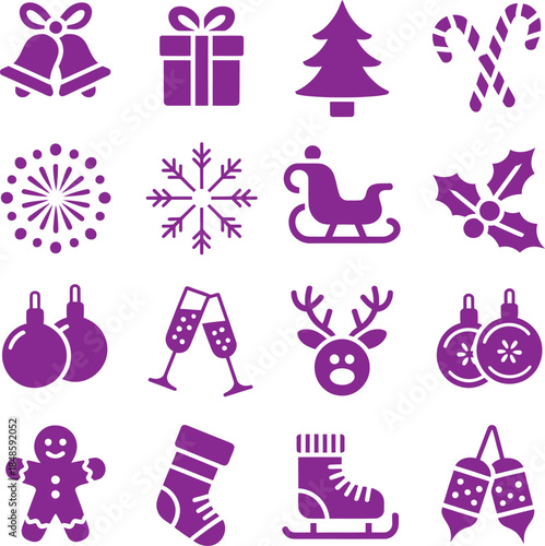 Festive purple vector icons featuring Christmas tree, candy canes, ornaments, snowflake, sleigh, stocking, and gingerbread man.