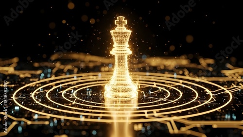 Glowing Golden Digital Chess King On Futuristic Circuit Board