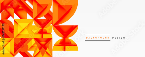 Abstract geometric shapes, vibrant orange hues, white space. Modern design elements create dynamic visual impact.