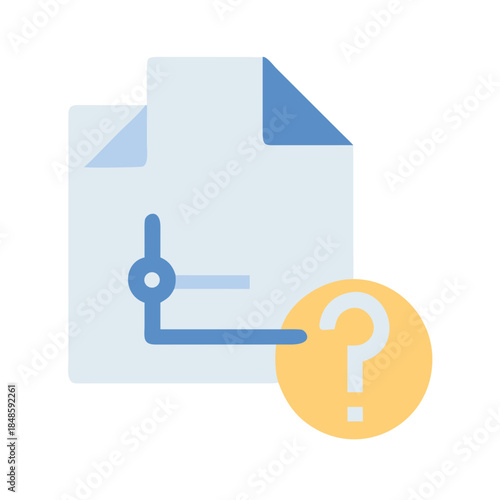 Blue technical schematic document icon next to a yellow question mark circle