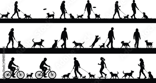 People walking dogs silhouettes collection, pet owners outdoor activities, dog walking scenes, black shadow figures, park lifestyle concept illustration