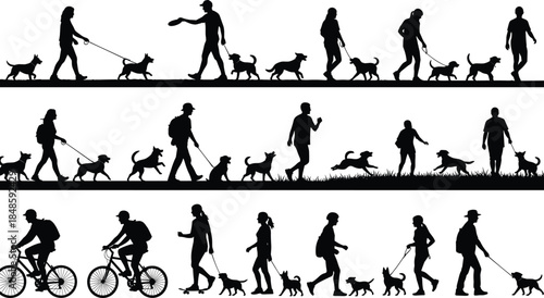People walking dogs silhouettes set, pet owners outdoor lifestyle activities, dog walking scenes, black shadow figures, park daily routine illustration