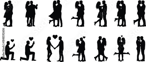 Romantic couple silhouettes collection, love proposal kissing hugging poses, man woman relationship moments, black shadow figures, isolated white background illustration