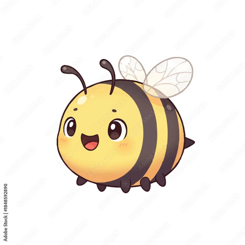 Obraz premium A cute cartoon bee with a cheerful expression and transparent wings against a clean white background.