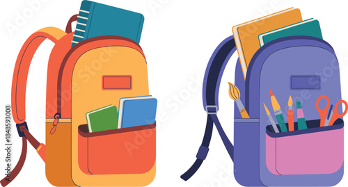 Set of colorful school backpacks with supplies, education back to school vector illustration for students design