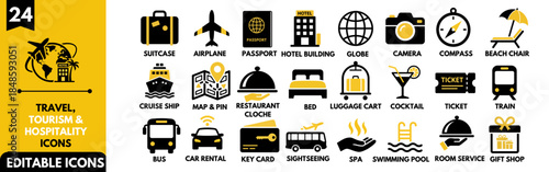 Set of 24 Travel and Tourism Hospitality Icons. Vector Symbols for Vacation Planning, Hotel Booking, Transportation, and Holiday Luggage.