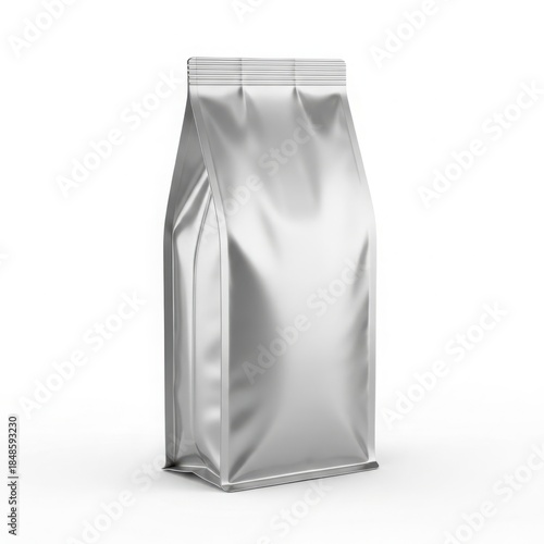Blank silver foil stand-up packaging pouch isolated on white background