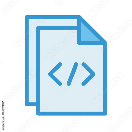Stack of coding document pages with an HTML tag, digital illustration