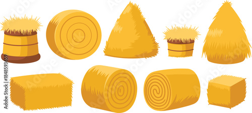 Set of golden hay bales and straw stacks, rural farm agriculture harvest vector illustration for autumn countryside