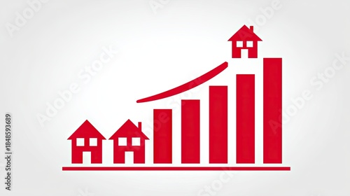 Rising housing market concept illustration with graph and red house icons