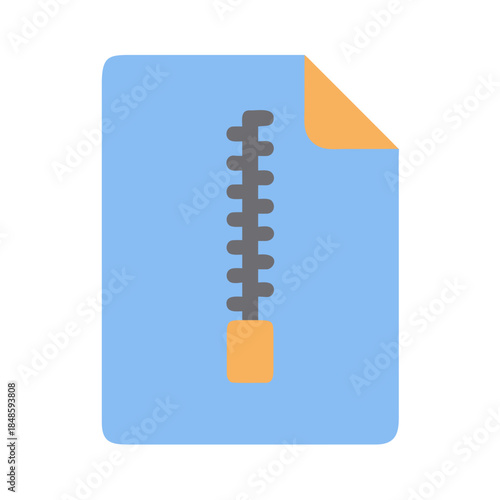 Flat file icon depicting data compression with zipper graphic on blue background