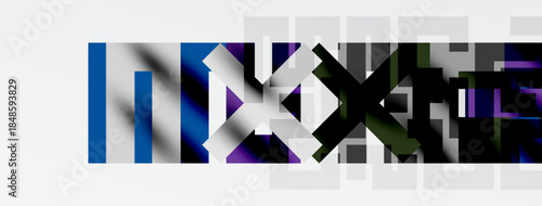 Abstract graphic design features word NEXT using fragmented blocks. Colors include blue, purple, gray, white. Minimalist style, modern aesthetic.