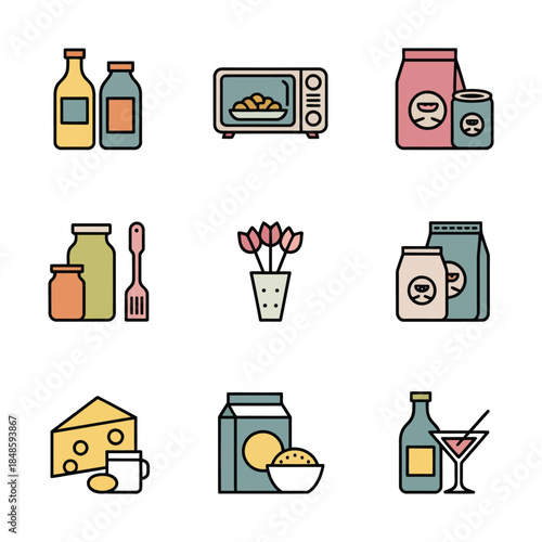 Editable flat design food kitchen and grocery symbols set for branding and UI
