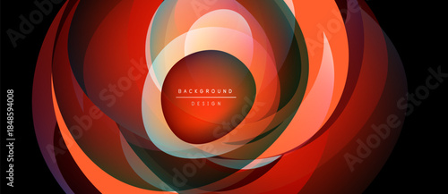 Abstract design features swirling layers, vibrant reds, oranges. Center text reads background design. Modern, dynamic composition.