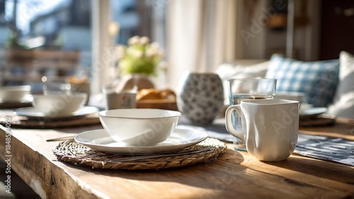 Beautifully set dining table bathed in warm morning light, ready for a cozy breakfast or brunch at home, evoking a sense of peaceful domesticity and comfort