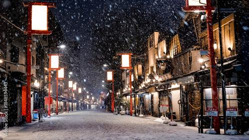 Photography Snowfall on Lantern-Lit Street Near Sensoji Temple in Asakusa, Tokyo, Japan