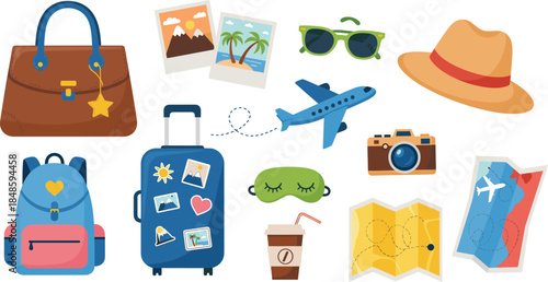 Travel and vacation vector set featuring luggage, airplane, camera, map, backpack, hat, sunglasses, souvenirs, and adventure planning elements