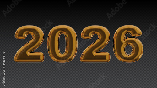 Gold 2026 New Year numbers on transparent background, Foil balloon