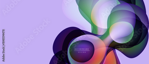 Abstract fluid shapes overlap, creating vibrant color gradients. Purple background complements dynamic design elements. Modern, smooth aesthetic.