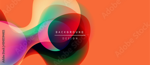 Abstract fluid shapes overlap, creating vibrant color gradients. Orange background complements flowing design elements. Modern aesthetic.