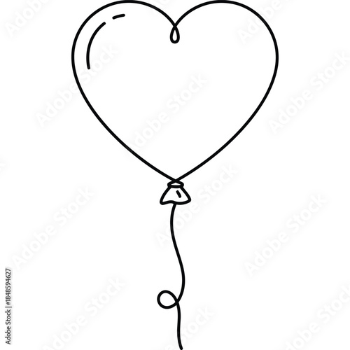 Black and White Line Drawing of Heart-Shaped Balloon with String and Knot, Elegant Illustration