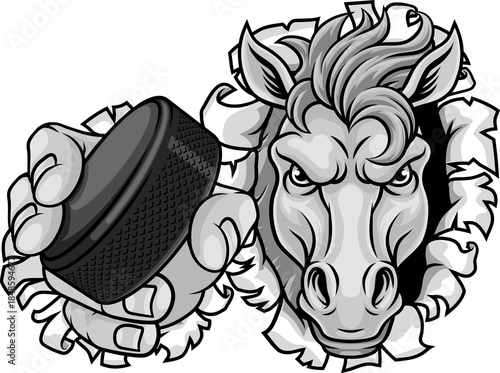 Canvas Print Horse mustang bronco stallion ice hockey angry sports team mascot holding a puck