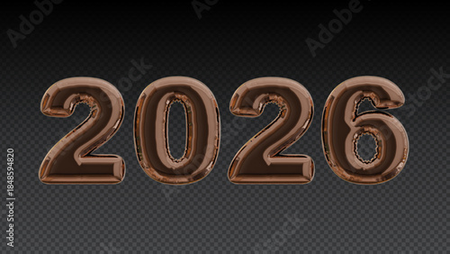 Happy New Year, Bronze 2026 New Year numbers transparent background. Foil balloon
