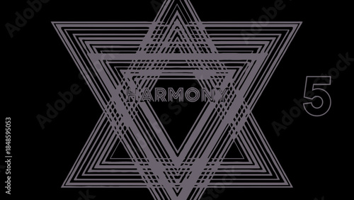 Geometric star design with harmony text and number five on black background