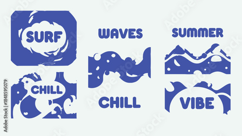 Collection of blue and white summer vibe graphics with surf, waves, chill, and vibe texts on white background