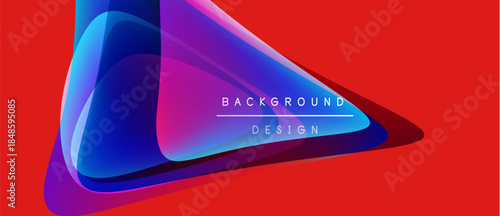 Abstract geometric shapes overlap, creating vibrant color gradients. Red background emphasizes blue, purple hues. Text reads background design.