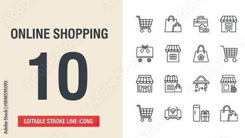 Online Shopping Icons Collection Representing E-commerce and Retail Activities.