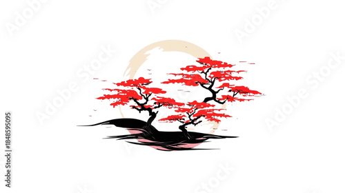 Minimalist Japanese Style Illustration of Red Bonsai Trees with Crescent Moon