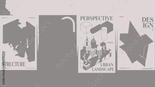 Gray urban landscape design posters with structure, perspective, and design elements on beige background