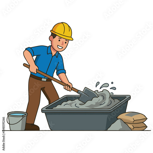 Happy Construction Worker Mixing Cement with Shovel in Trough Vector Illustration