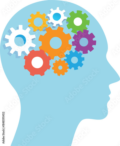 A blue head silhouette filled with colorful rotating gears representing thought processes