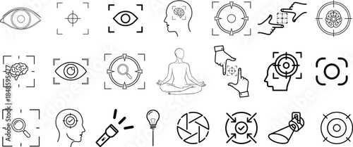 Focus and Precision Line Icon Set: Vector Symbols of Camera Lens, Viewfinder, Target, Magnifying Glass, and Clarity Icons for Photography, Search, and Strategic Focus Design