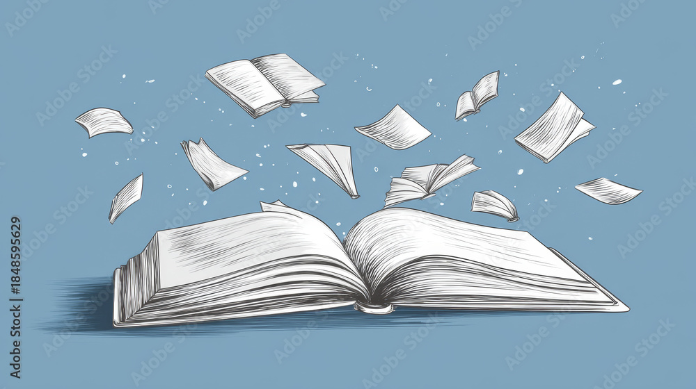 Fototapeta premium Line drawing of an open book with flying pages, representing education, learning, and World Book Day concepts.