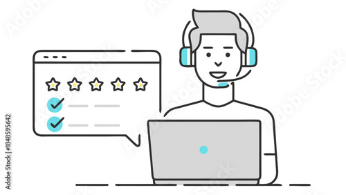 Customer service representative with headset working on laptop with feedback and star ratings shown