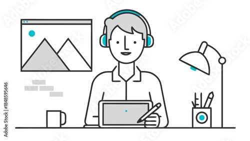 Illustration of a person with headphones at a desk with a tablet lamp and artwork on the wall design 100