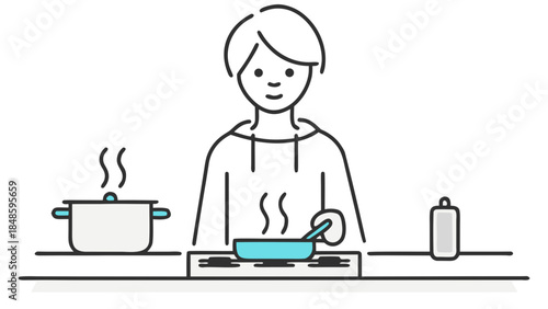Person cooking with a pan on a stove next to a pot and a container in a kitchen illustration