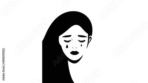 Minimalist Line Art Illustration of a Crying Woman with Tears Falling in Sadness