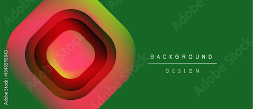 Abstract hexagon layers create vibrant color gradient. Green backdrop complements red, yellow hues. Modern design element.