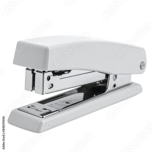 A black metal and plastic stapler with staples isolated on white background serves as a professional office tool and essential business supply for fastening paper on a desk